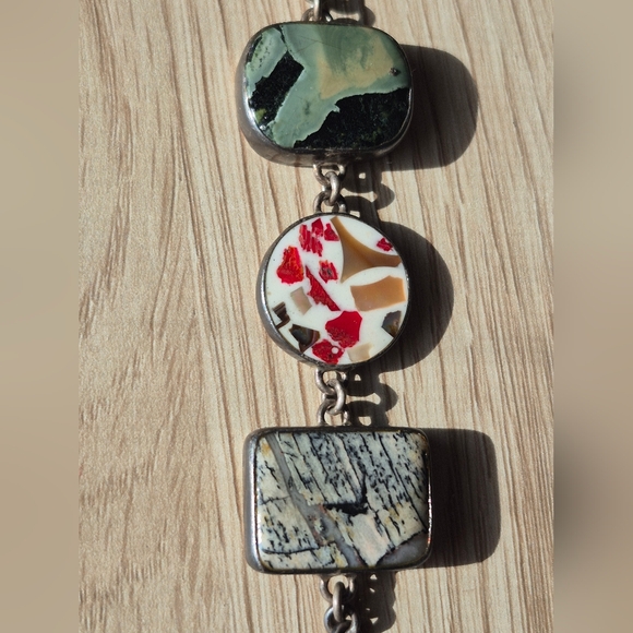 925 Silver&Multi-stoned vintage toggle bracelet made by Sandy Baker 8.268" - Picture 9 of 16